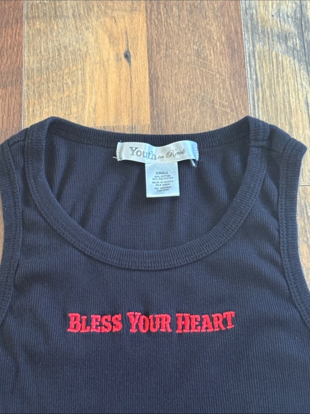 Youth in Revolt Bless Your Heart Embroidered Ribbed Baby Tank Top Black Red - Picture 3 of 4